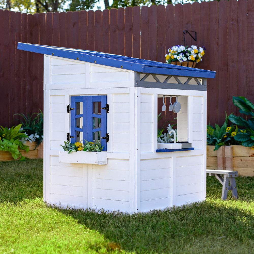 Rainbow Shade Wooden Playhouse with Kitchen, Flower Box & Bench - White - Image 6
