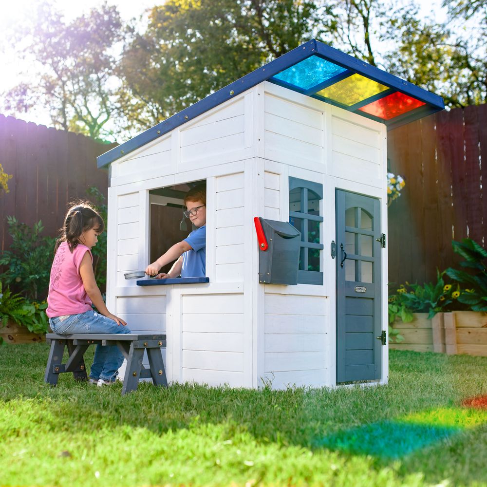 Rainbow Shade Wooden Playhouse with Kitchen, Flower Box & Bench - White - Image 7