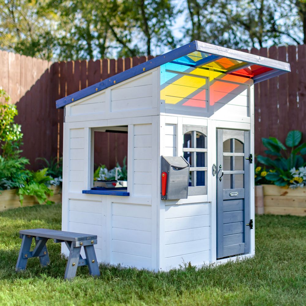 Rainbow Shade Wooden Playhouse with Kitchen, Flower Box & Bench - White - Image 8