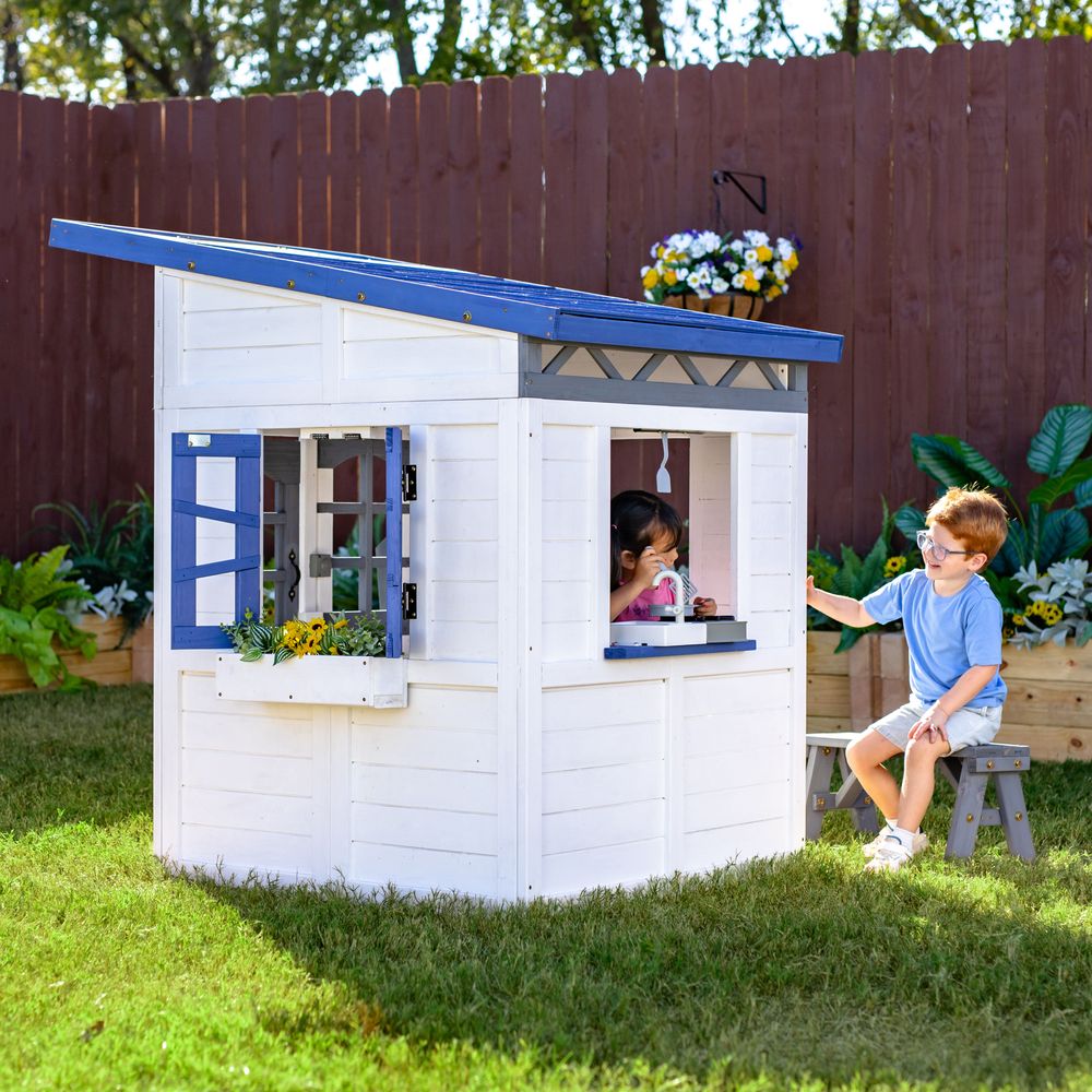 Rainbow Shade Wooden Playhouse with Kitchen, Flower Box & Bench - White - Image 9