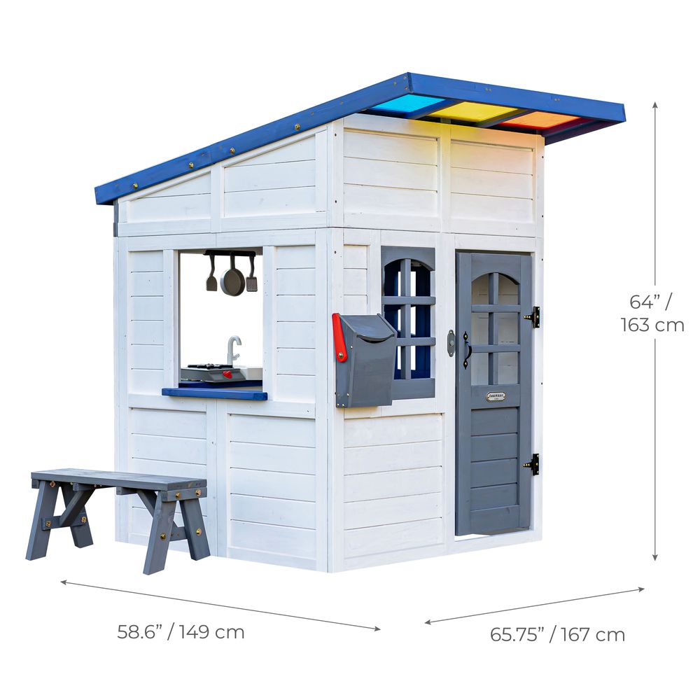 Rainbow Shade Wooden Playhouse with Kitchen, Flower Box & Bench - White - Image 10