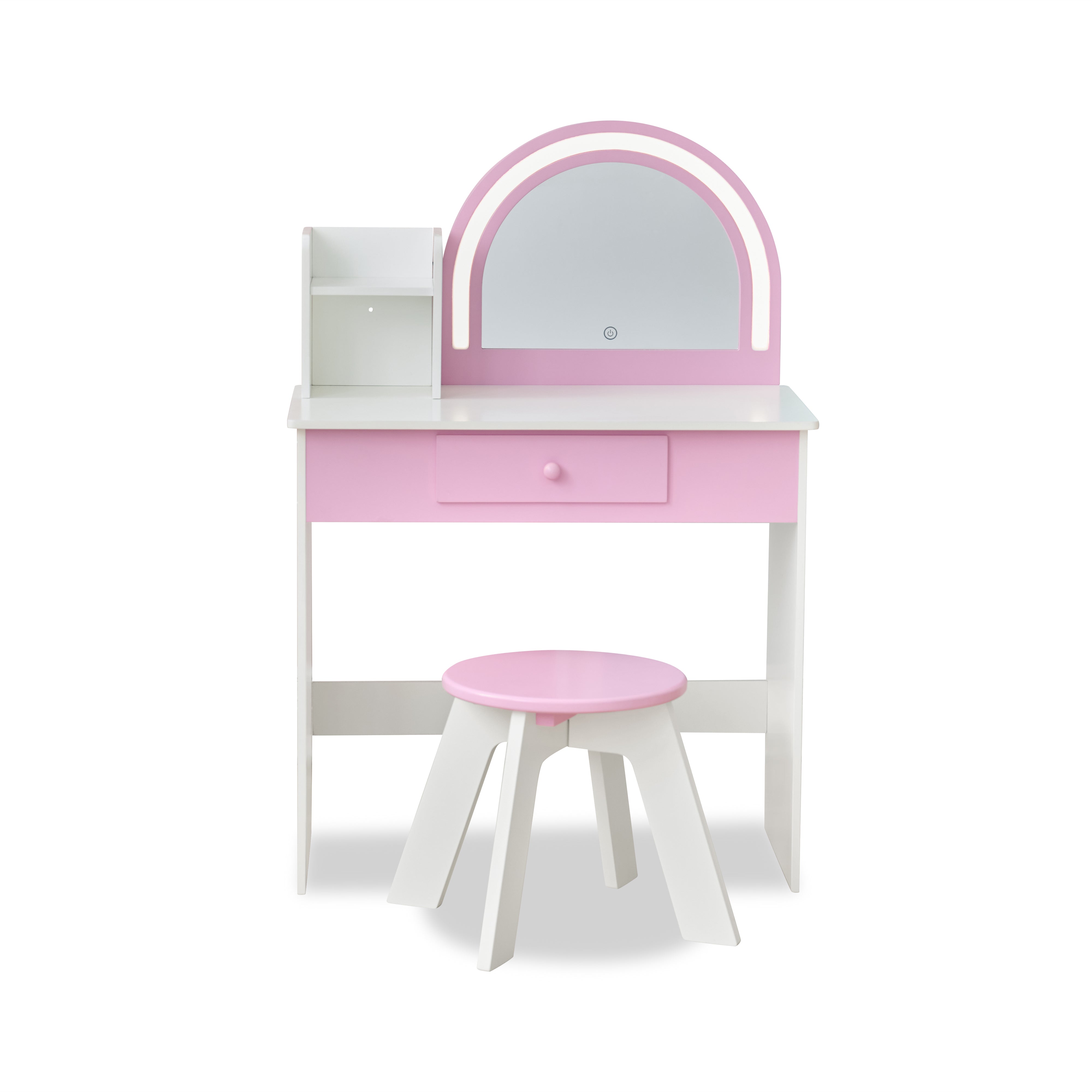 Rosé Shine Wood Vanity & Desk with LED Mirror & Stool - Pink/White