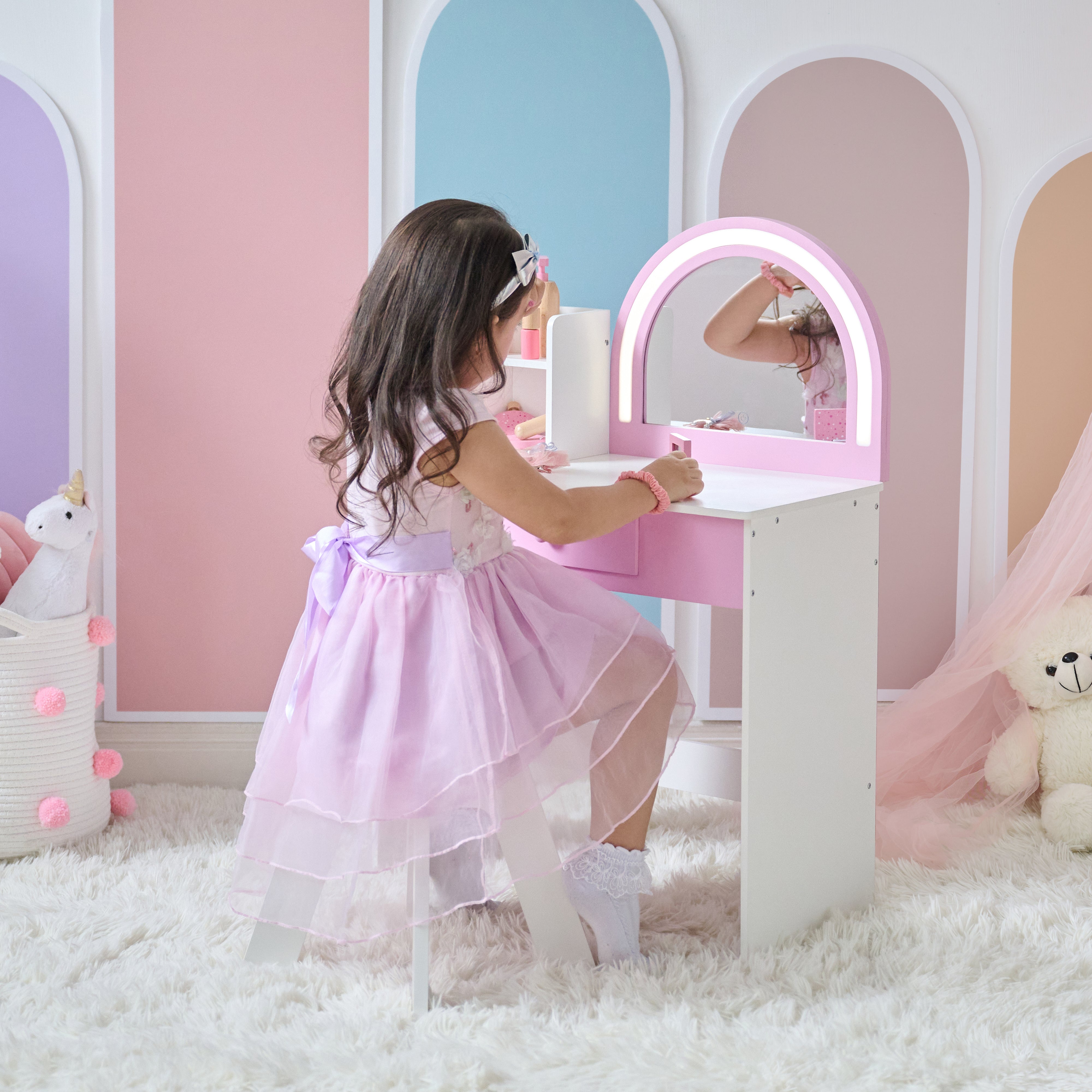 Alternative view of Rosé Shine Wood Vanity & Desk with LED Mirror & Stool - Pink/White