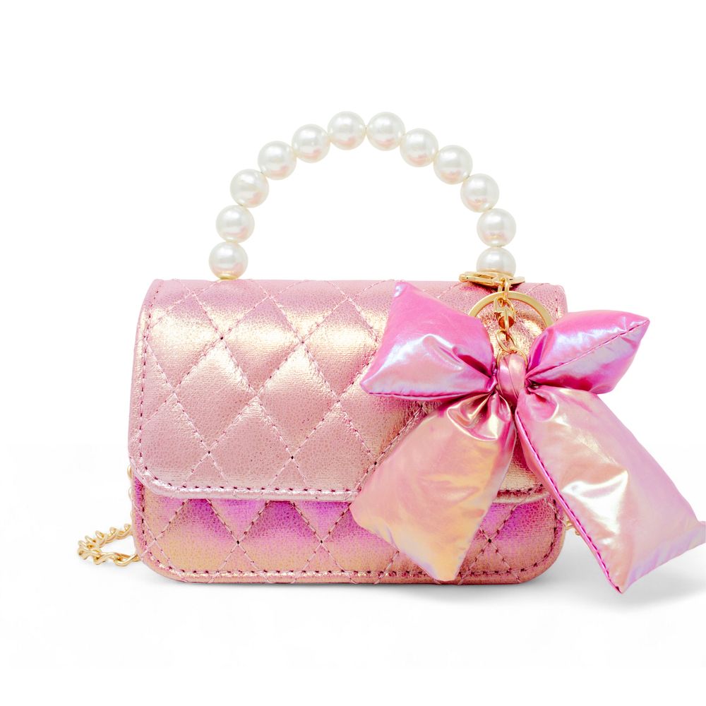 Shiny Quilted Fluffy Bow Handbag - Hot Pink