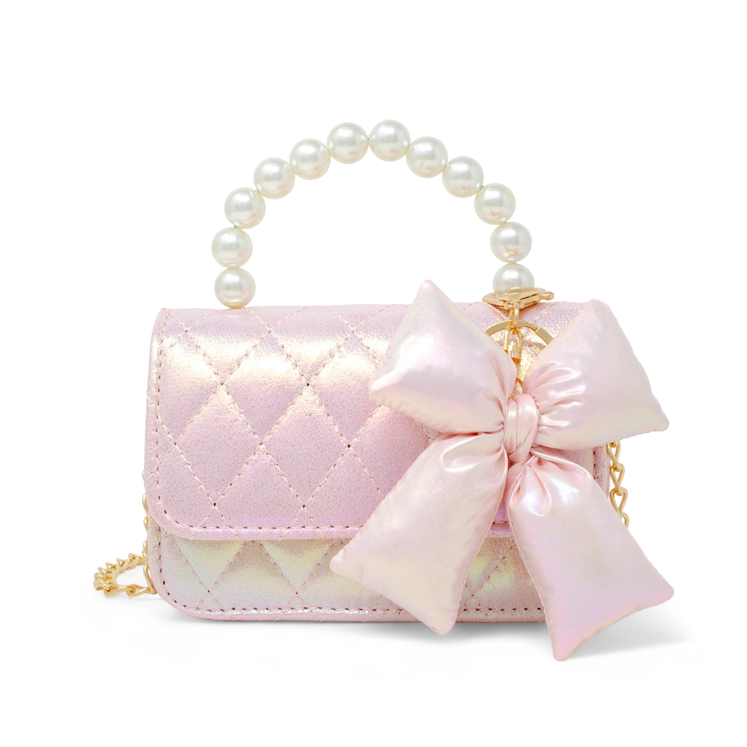 Shiny Quilted Fluffy Bow Handbag - Pink
