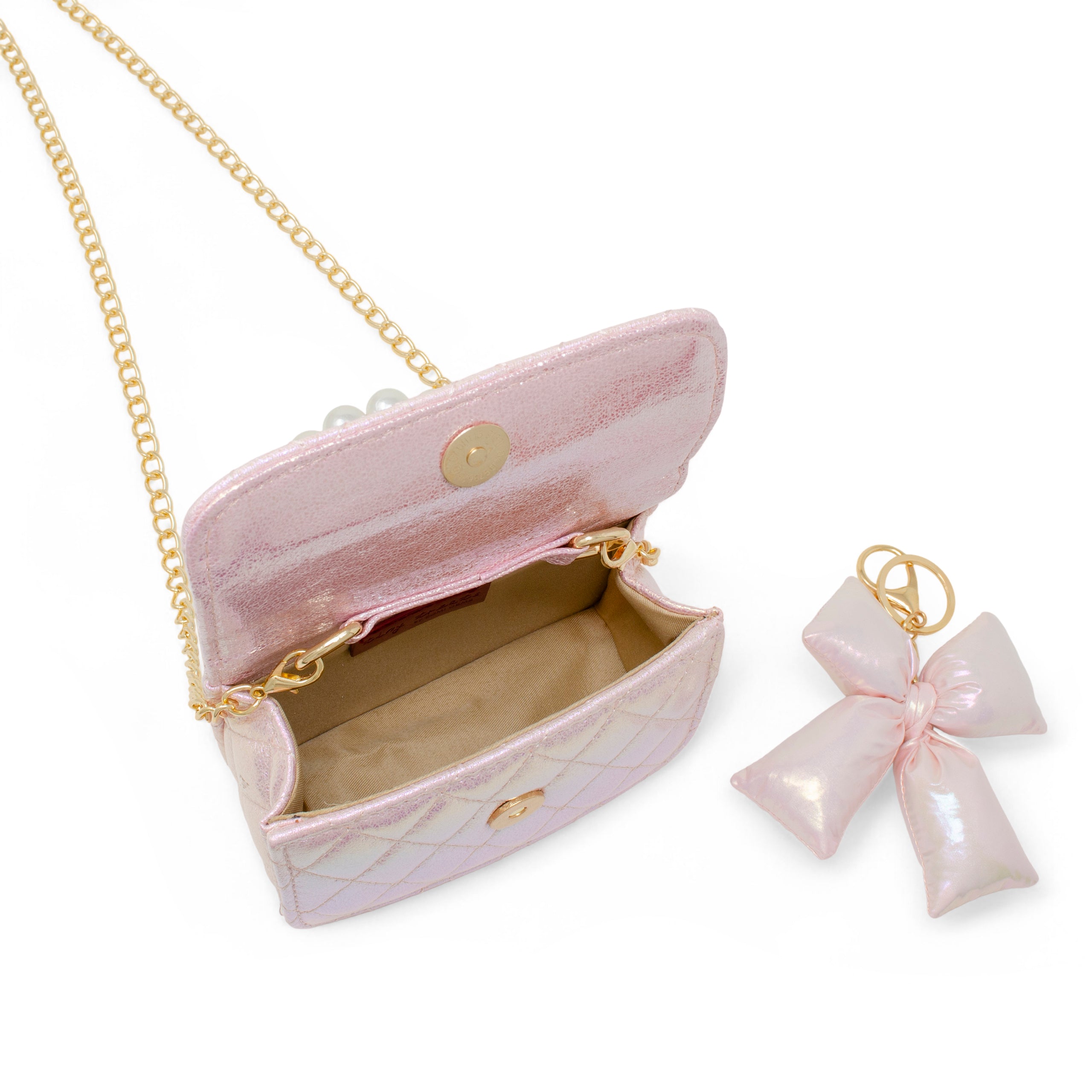 Shiny Quilted Fluffy Bow Handbag - Pink - Image 3