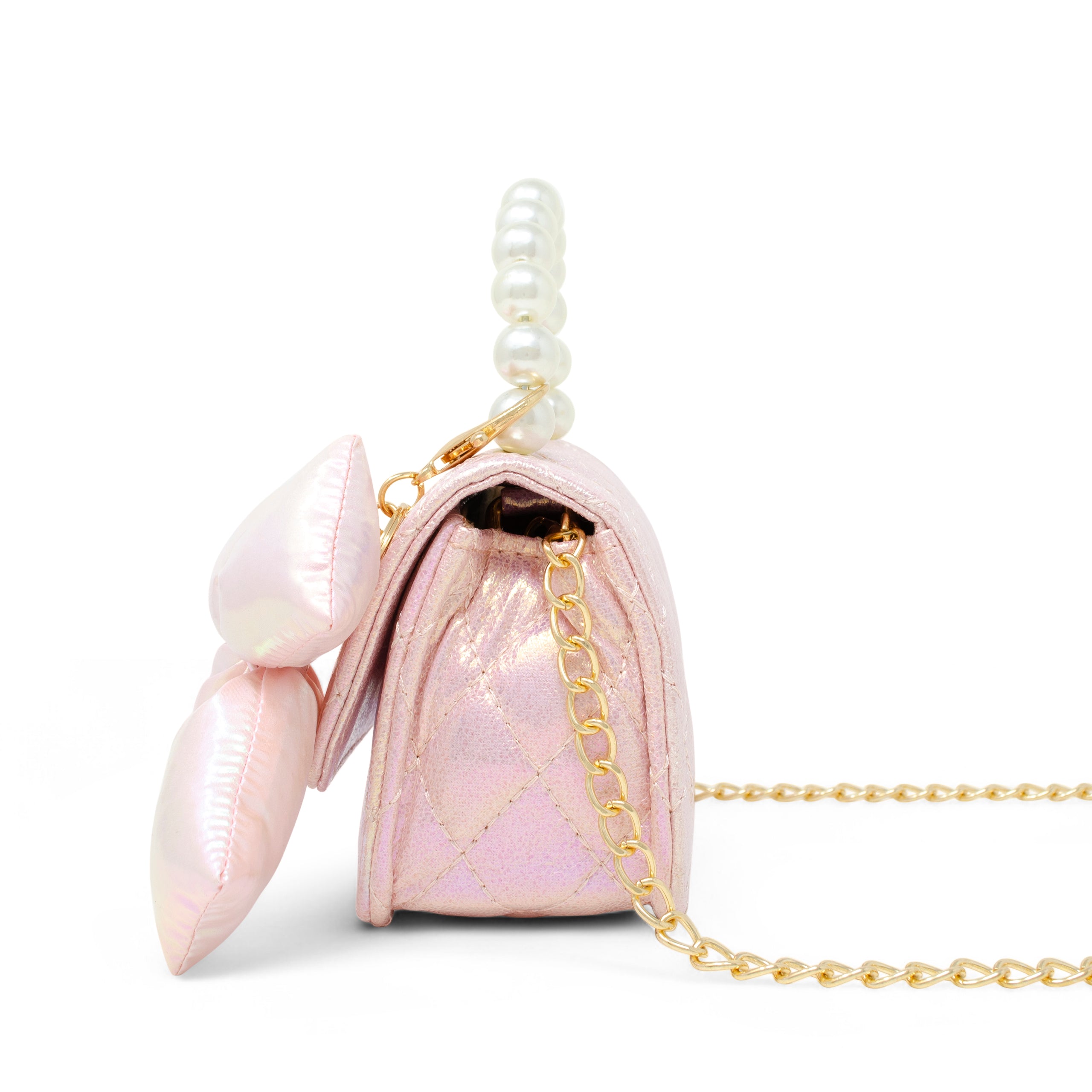Shiny Quilted Fluffy Bow Handbag - Pink - Image 4