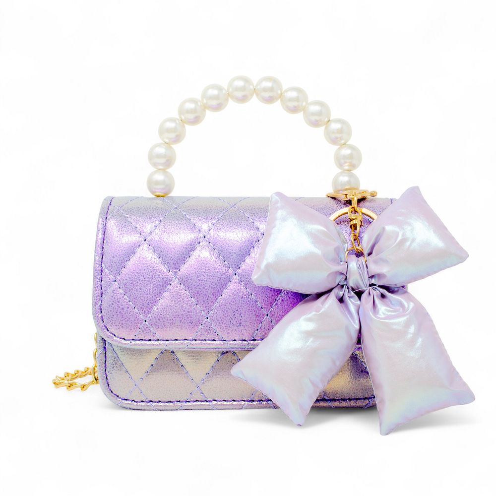 Shiny Quilted Fluffy Bow Handbag - Purple