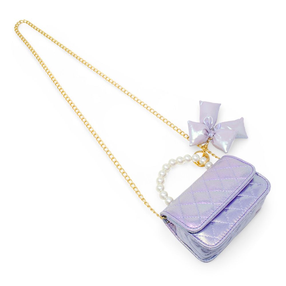 Shiny Quilted Fluffy Bow Handbag - Purple - Image 3