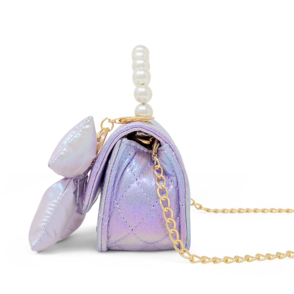 Shiny Quilted Fluffy Bow Handbag - Purple - Image 4