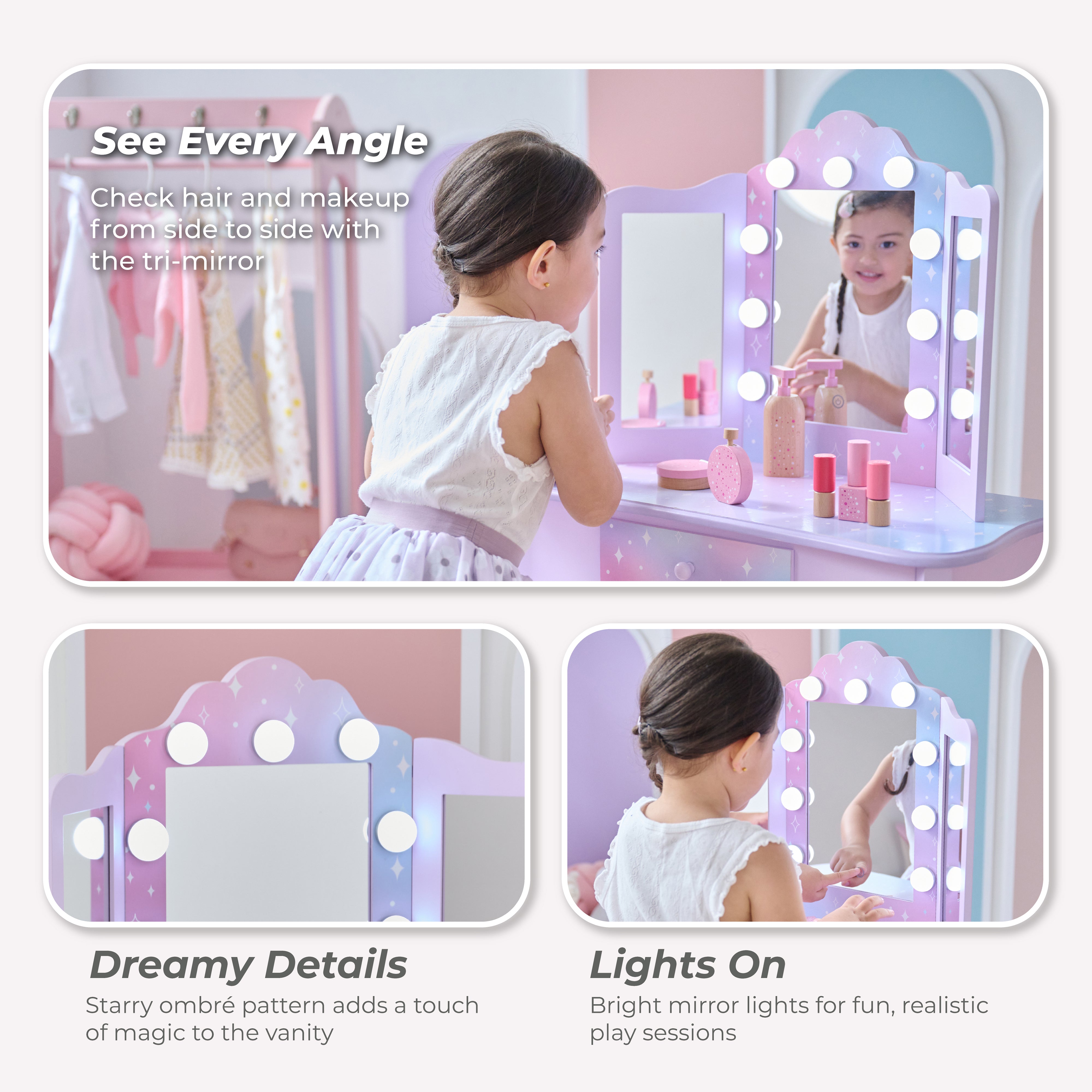 Stardust Gisele Wood Vanity Table with LED Mirror & Drawer - Purple - Image 3