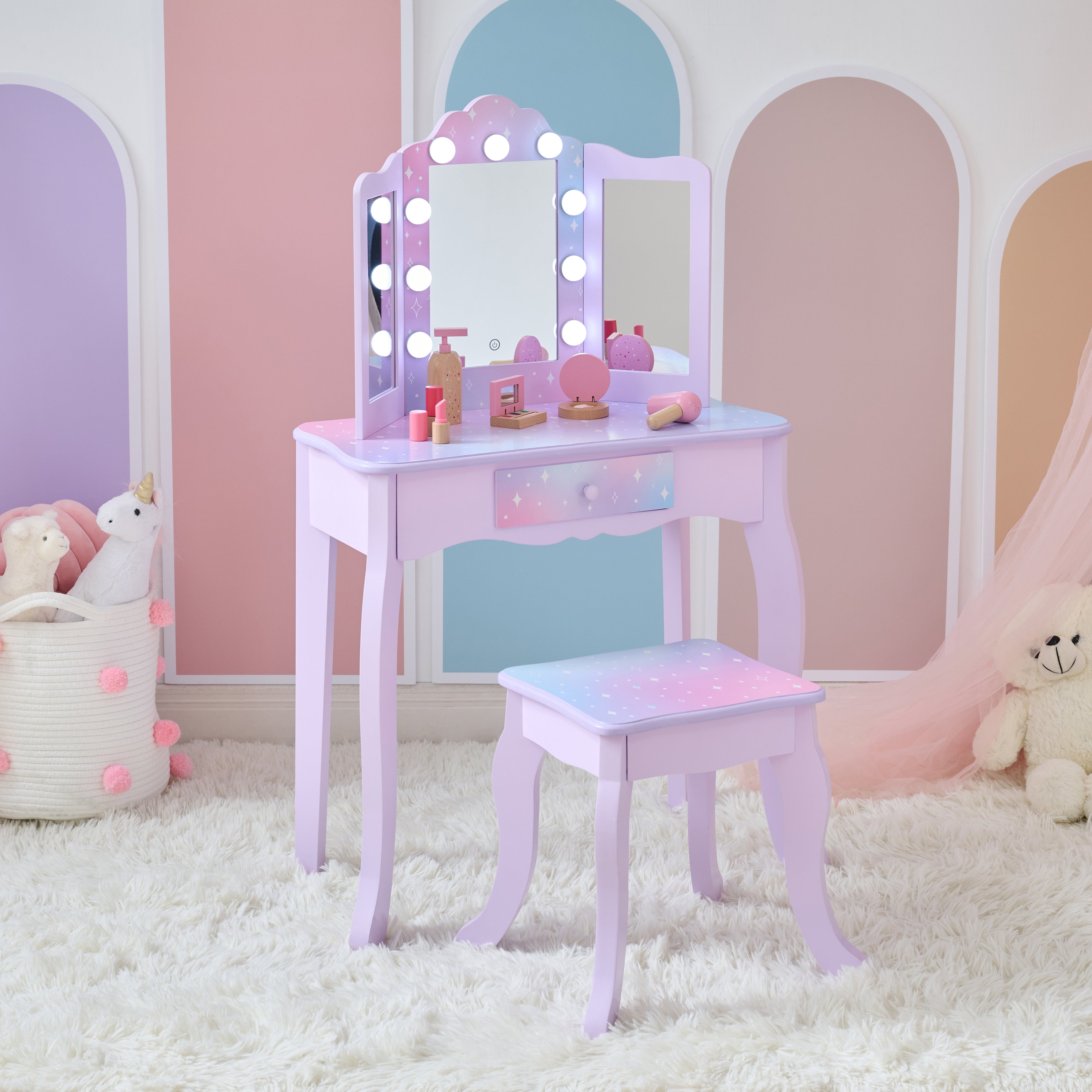 Stardust Gisele Wood Vanity Table with LED Mirror & Drawer - Purple - Image 5