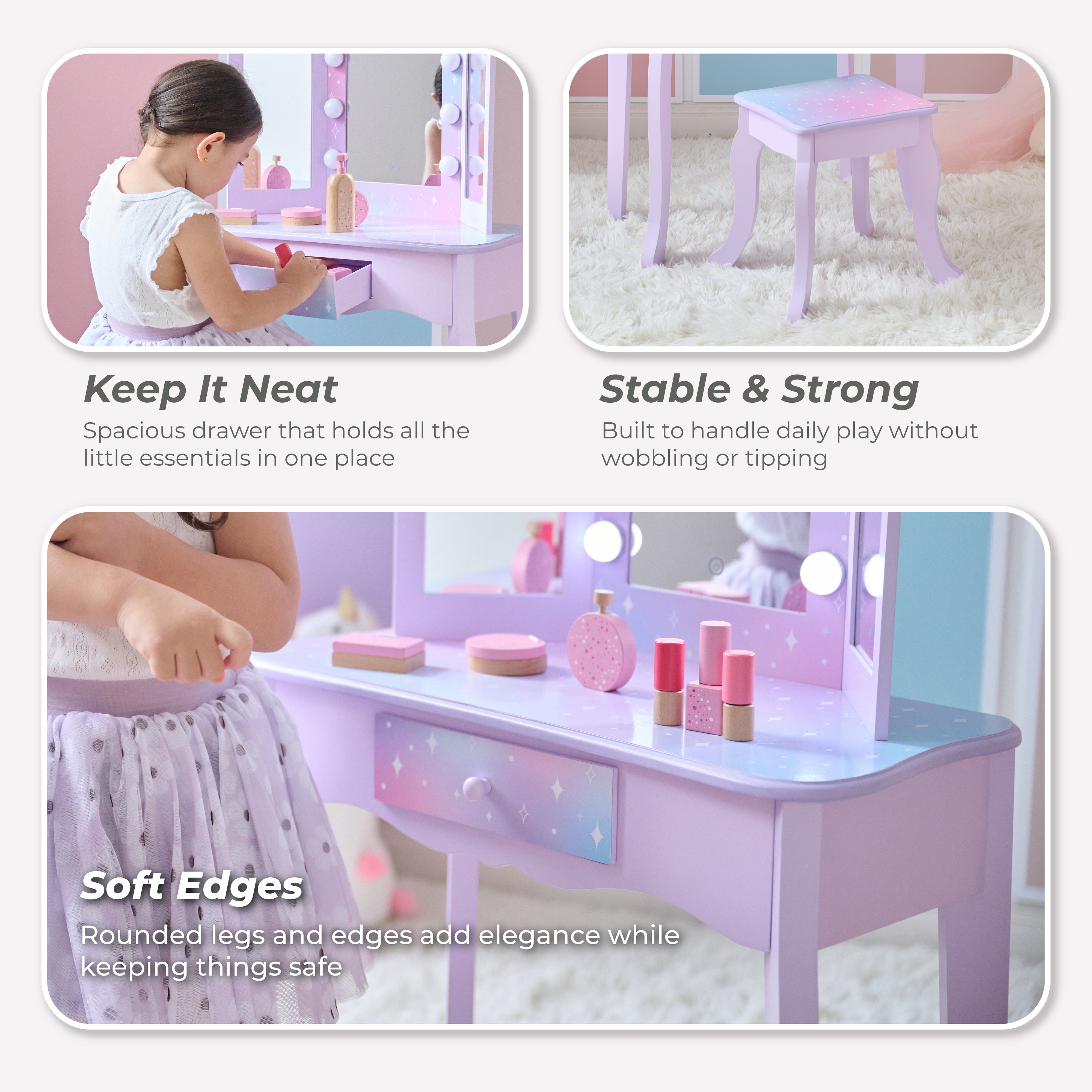 Stardust Gisele Wood Vanity Table with LED Mirror & Drawer - Purple - Image 6